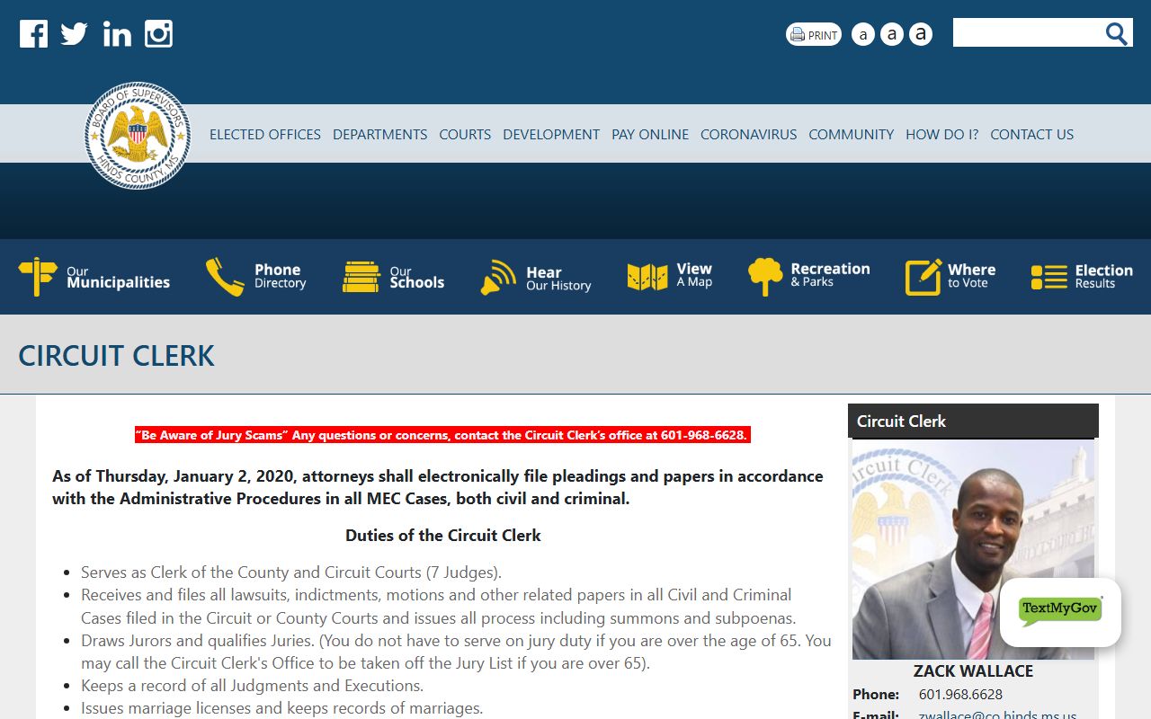 Hinds County court records after jail arrest Circuit Clerk page
