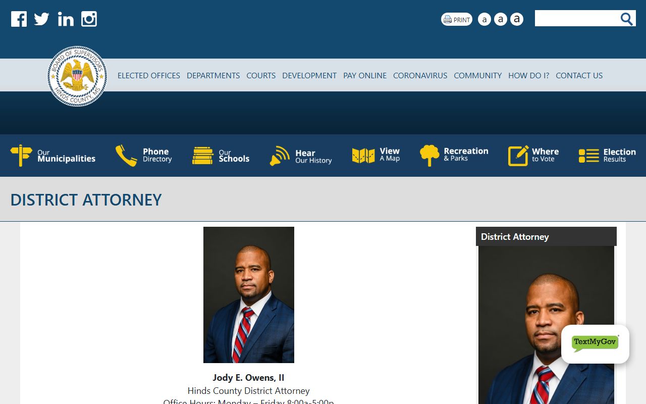 Hinds County court records after arrest District Attorney contact page