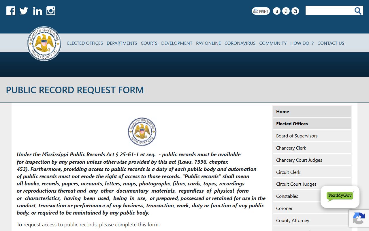 Hinds County public records form for requesting booking photos