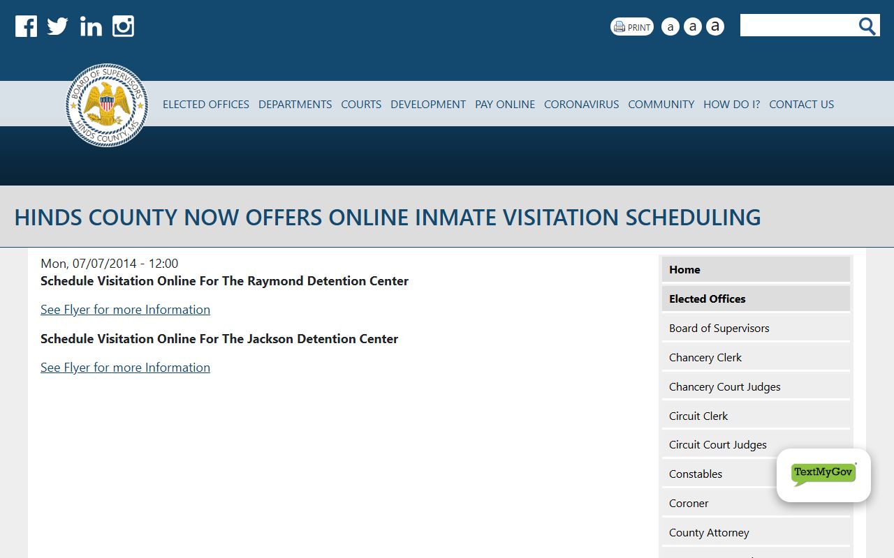 Hinds County Jackson Detention Center online visitation scheduling notice